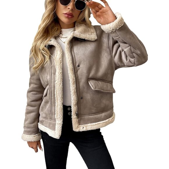 Jackets & Blazers - Women's Faux Leather Jacket Patchwork Fur Coat Moto Zipper Sherpa Shacket Brown